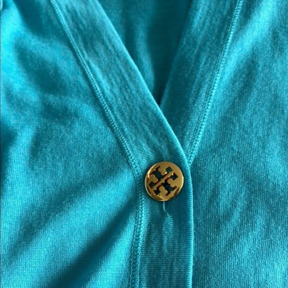 TORI BURCH AQUA BLUE ,THIN KNIT ,GOLD BUTTON CARDIGAN SWEATER - Picture 3 of 3